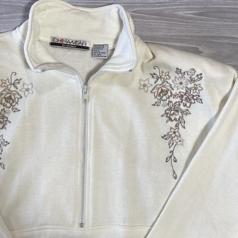 Vintage Chinawear by Morsley Floral Embroidered Half-Zip Sweatshirt White Sz L
